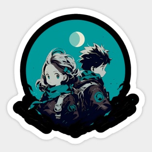 A couple of people sitting next to each other, anime art Sticker